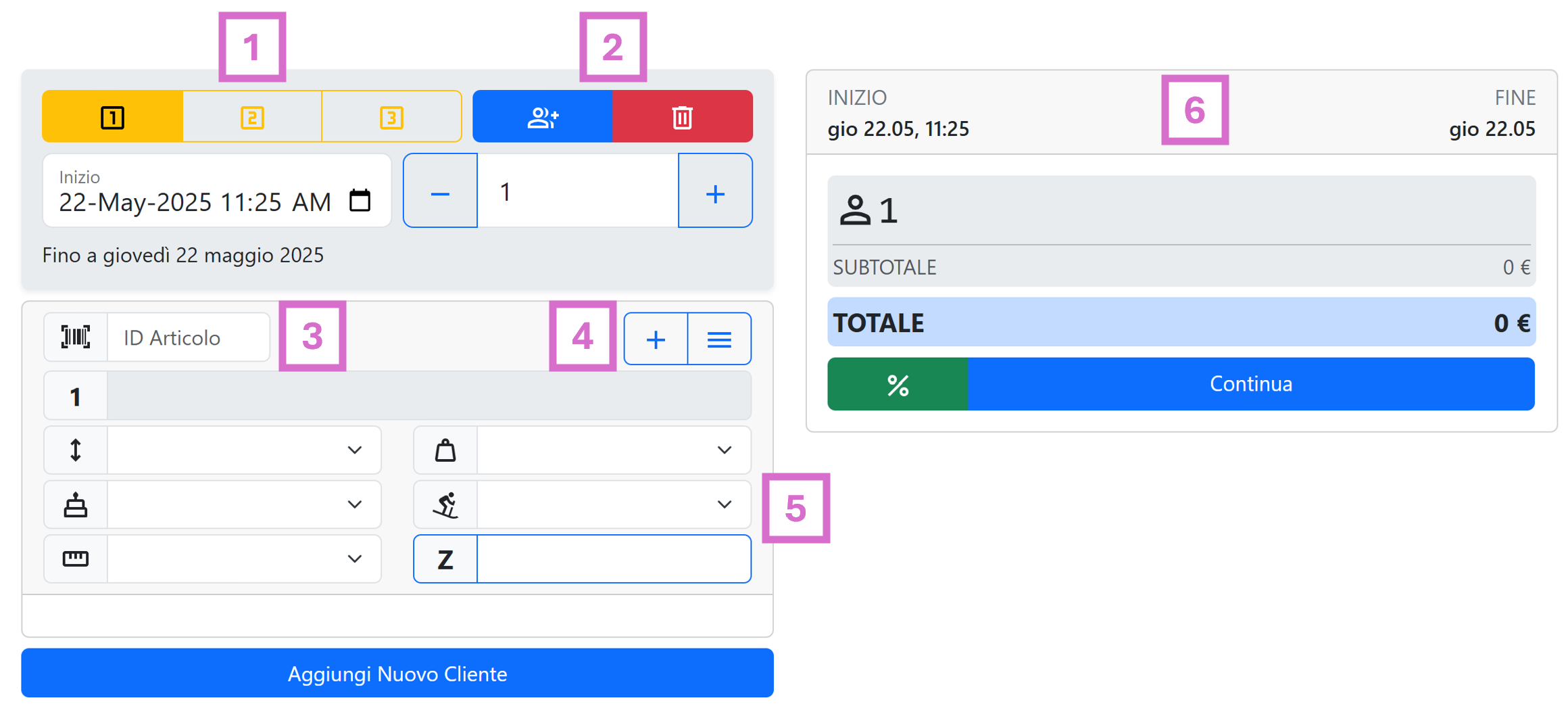 Schermata di creazione noleggio